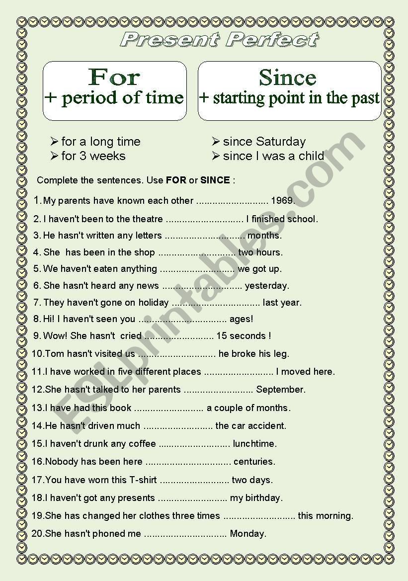 FOR and SINCE  to practise worksheet