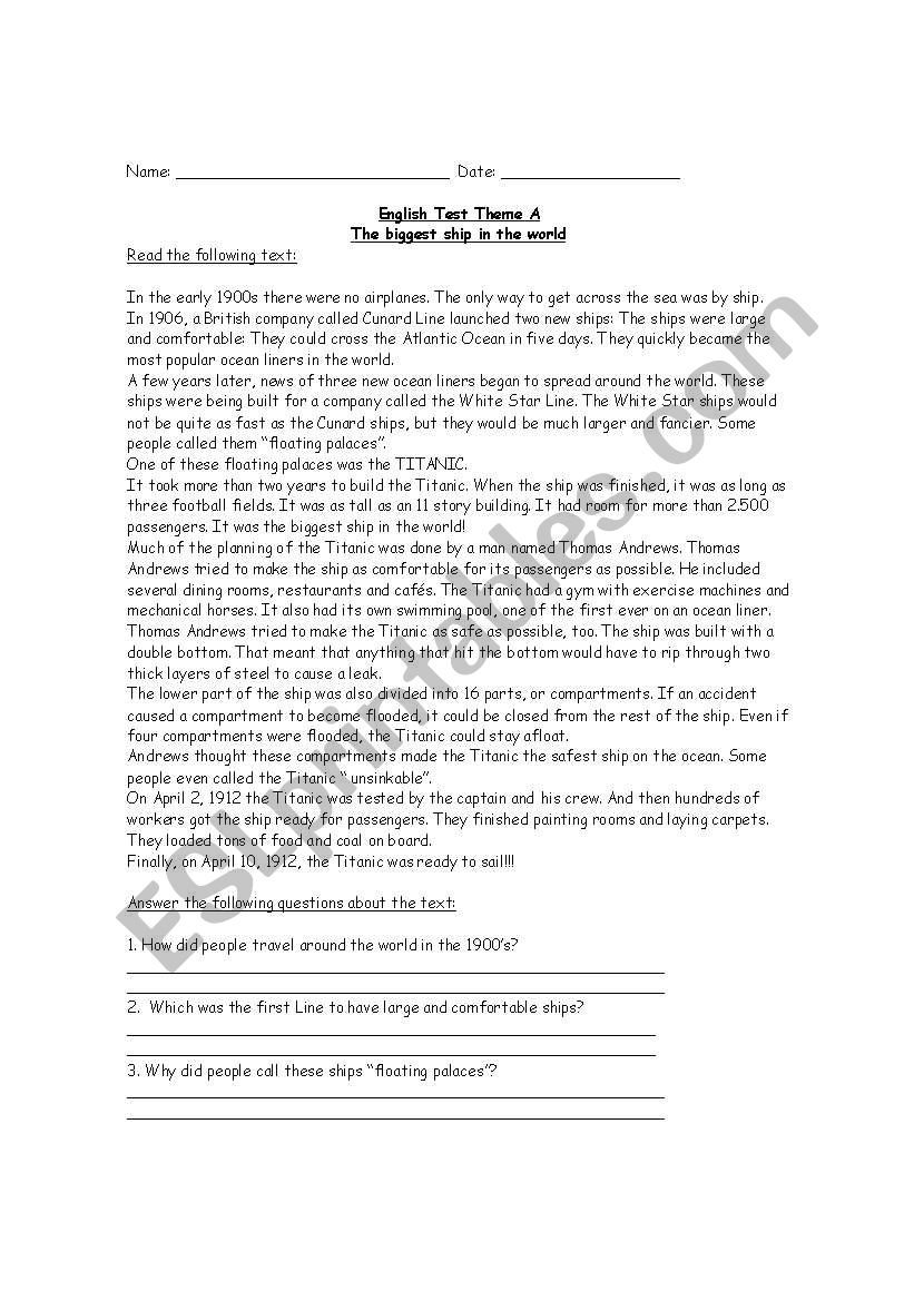 Titanic worksheet