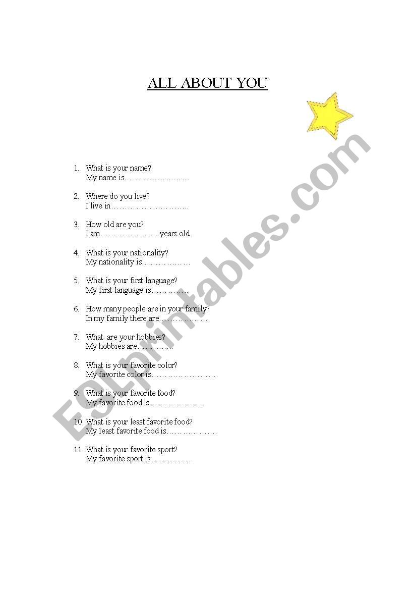 All About You worksheet