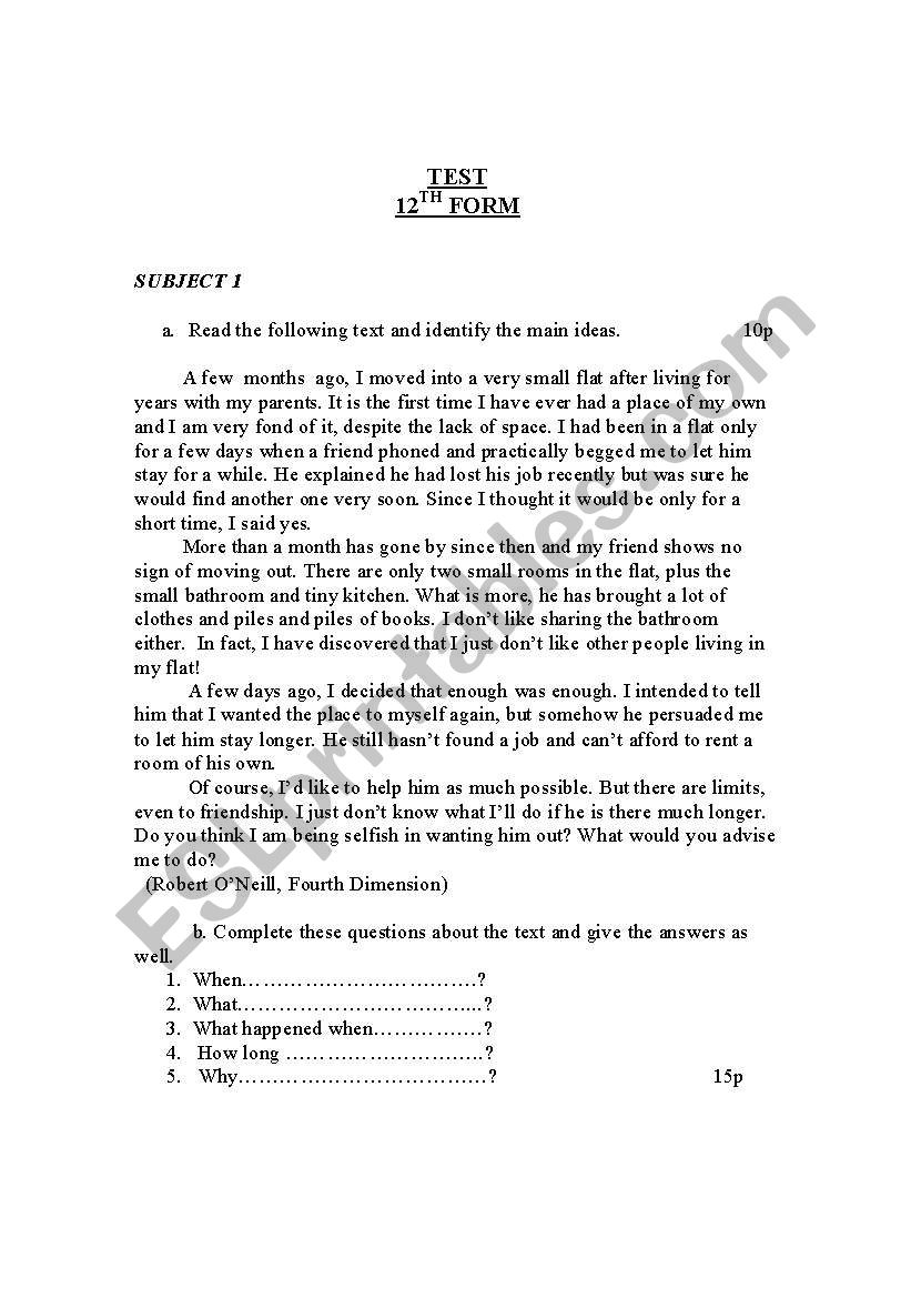 test worksheet