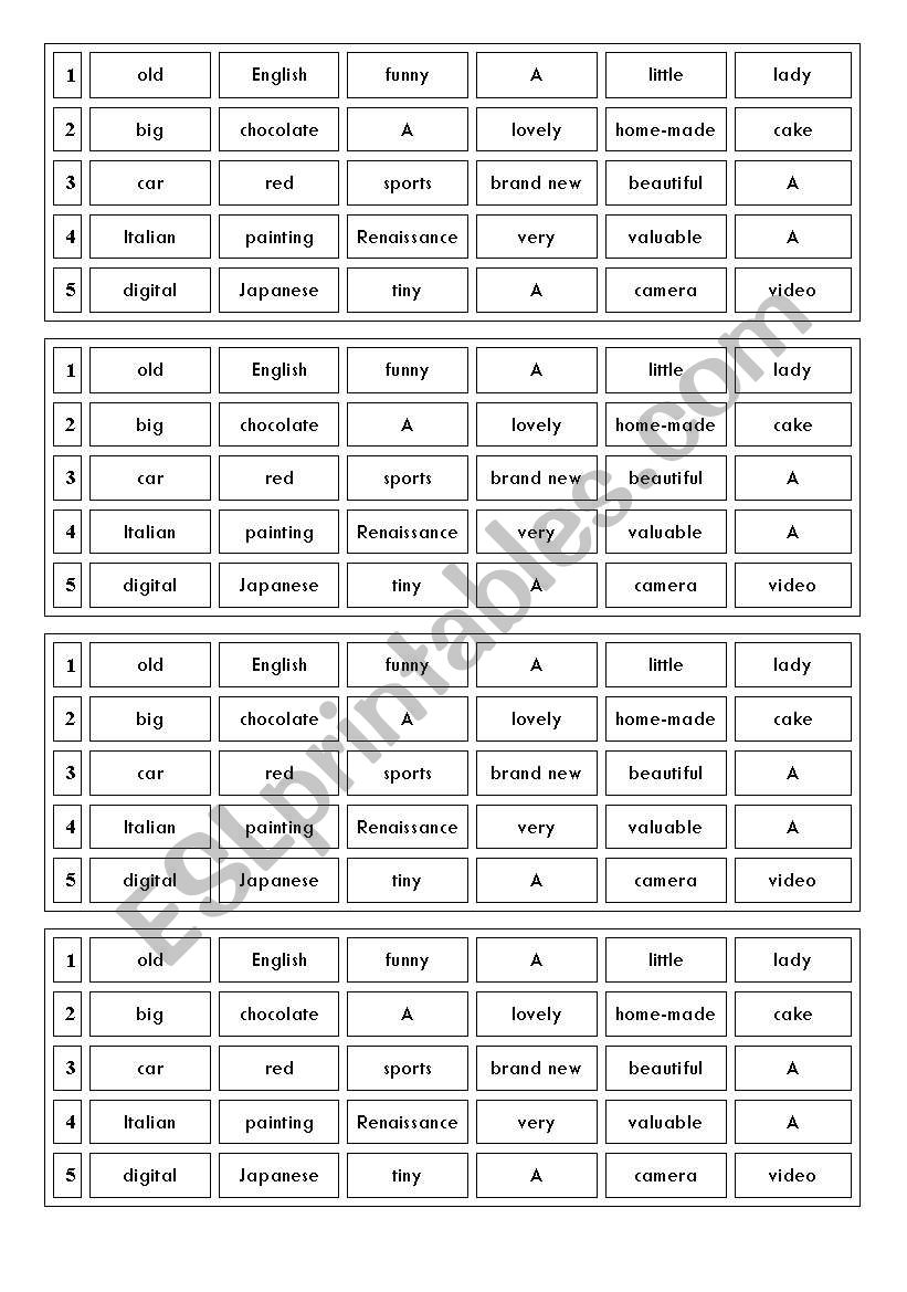 Adjective Order Game worksheet