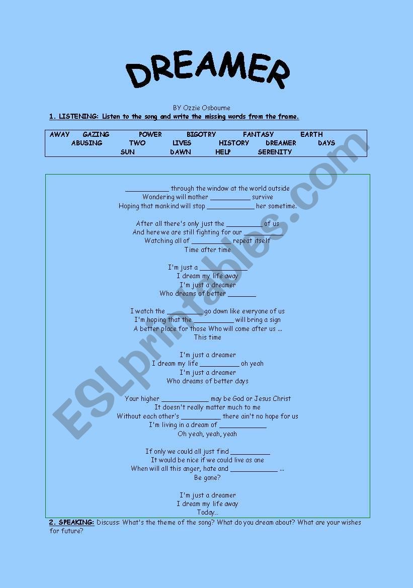 song. dreamer worksheet