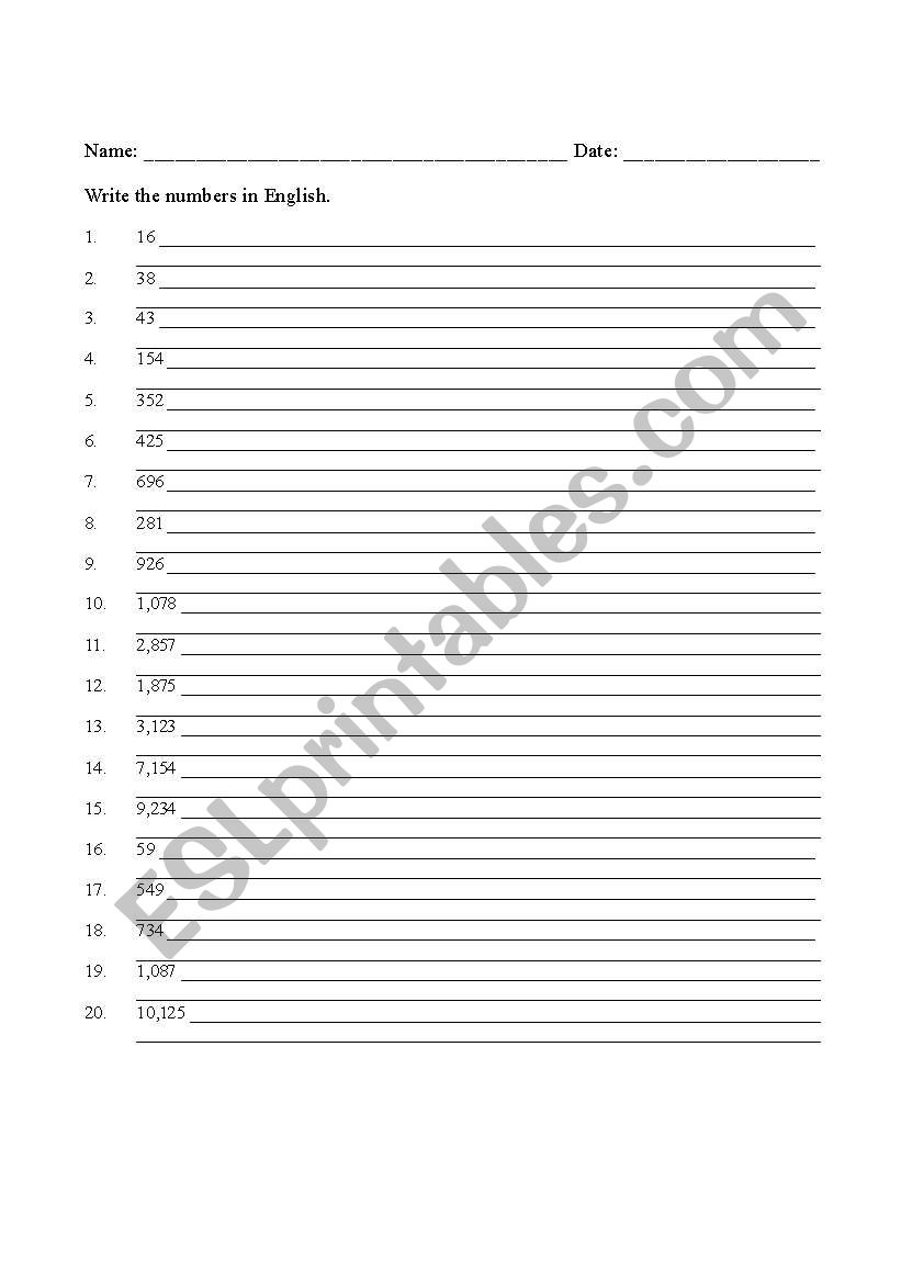 Writing Numbers in English worksheet