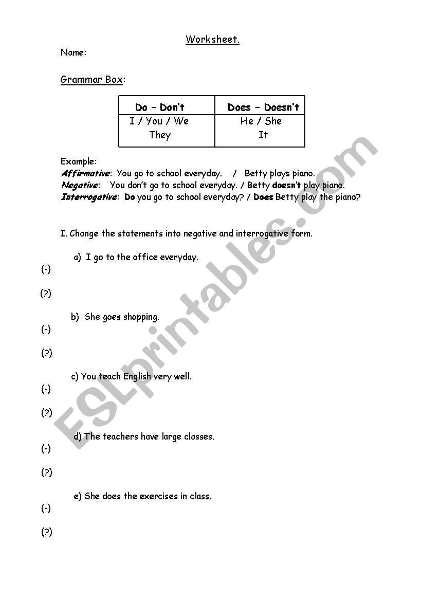 use of auxiliaries DO-DONT / DOES-DOESNT