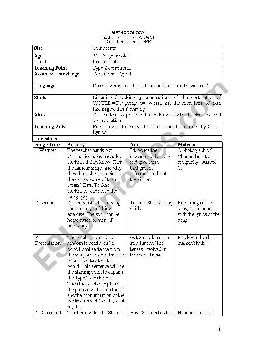 Cher - Lesson plan worksheet