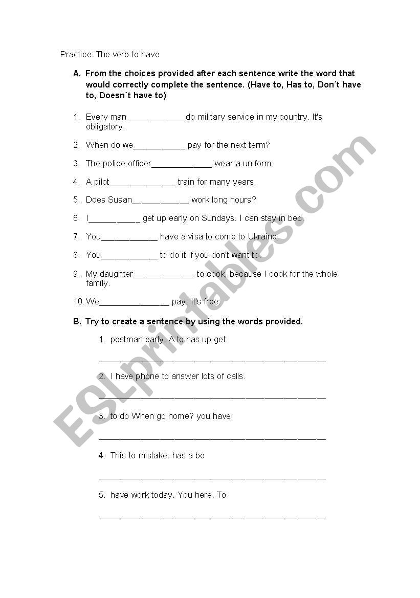 Verb to have worksheet