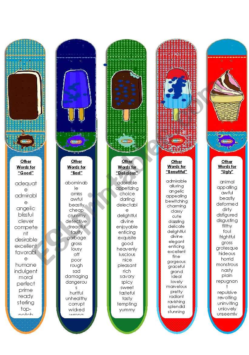 Synonym Bookmarks 3 - Good, Bad, Beautiful, Ugly, Delicious