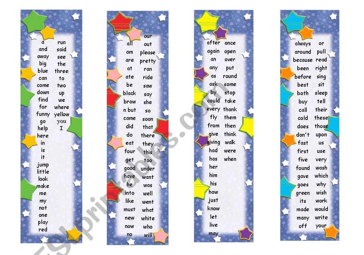 dolch words bookmarks worksheet