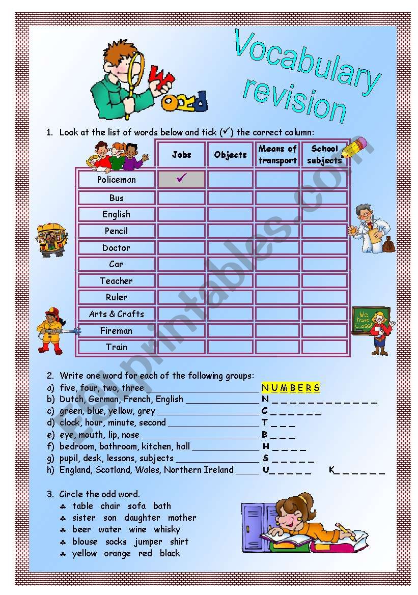 Vocabulary revision worksheet