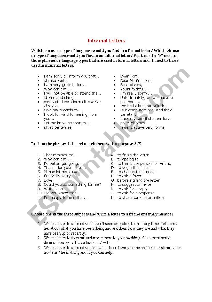 informal letter worksheets pdf
