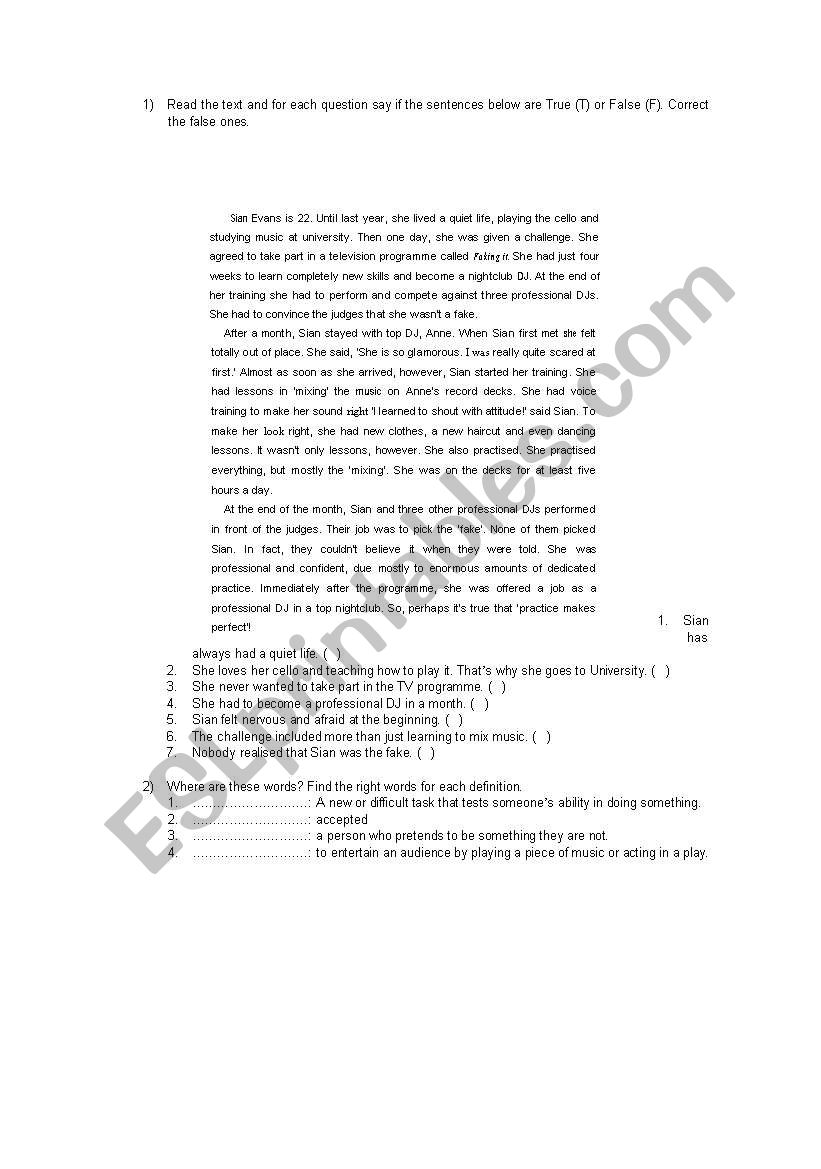 A sudden change for Sian worksheet