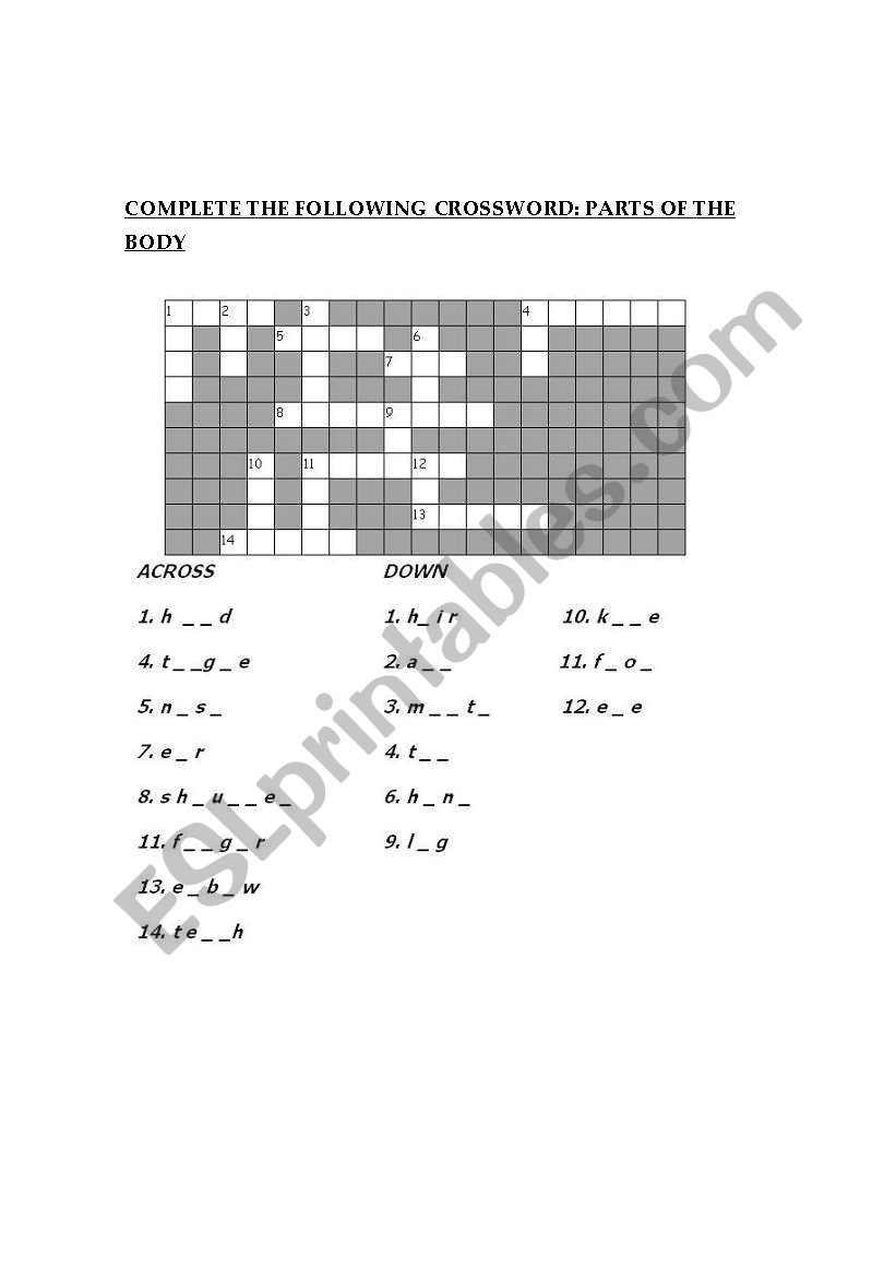 CROSSWORD -  PARTS OF THE BODY