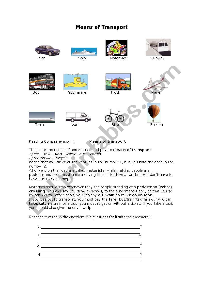 Means of transport worksheet