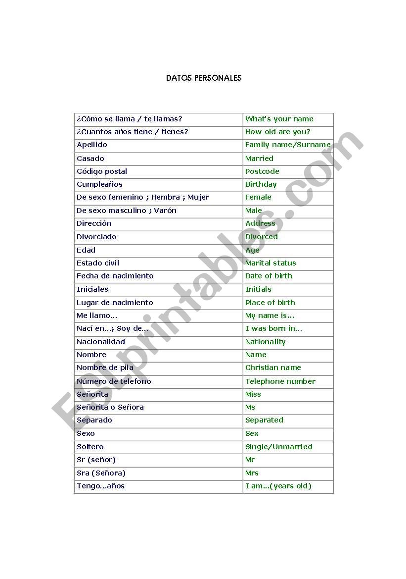 datos personales worksheet