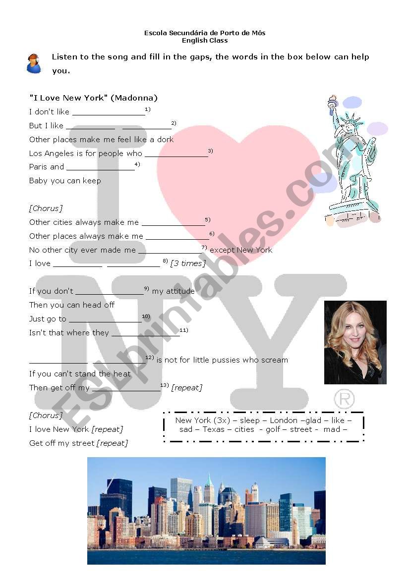 I love new York, Madonna worksheet
