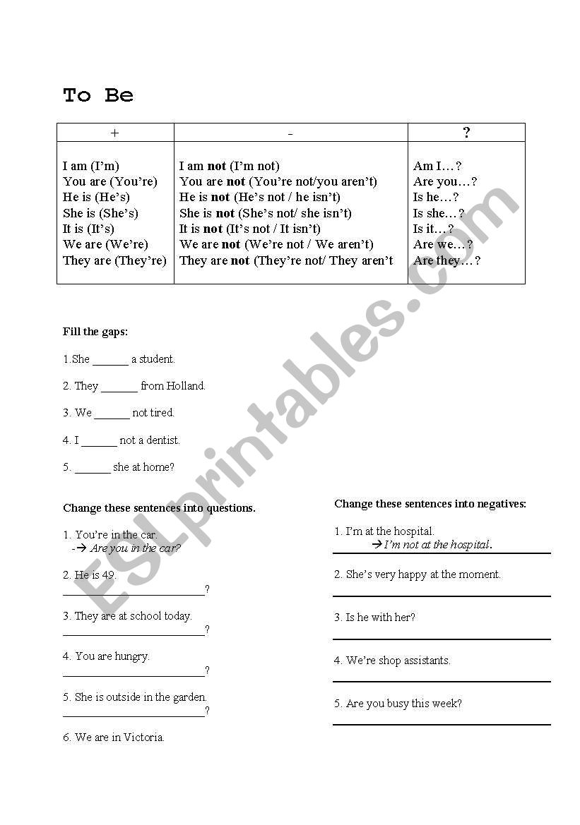 to be - elementary worksheet