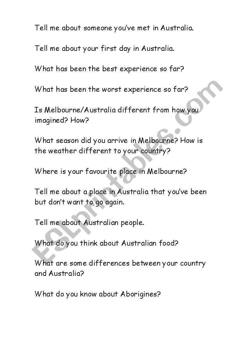 Australia - Question cards worksheet