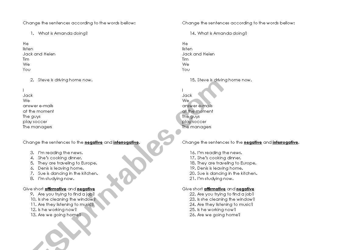 drills on Present Continuous worksheet