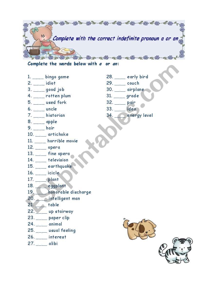 Indefinite articles: A or An worksheet