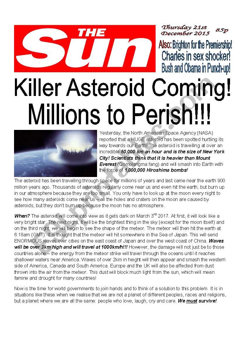 Killer Asteroid worksheet