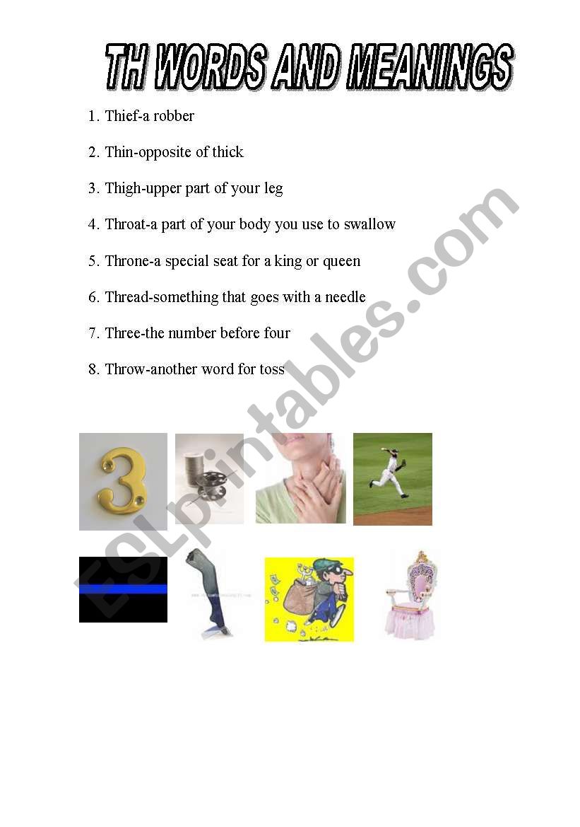 TH words and meanings worksheet