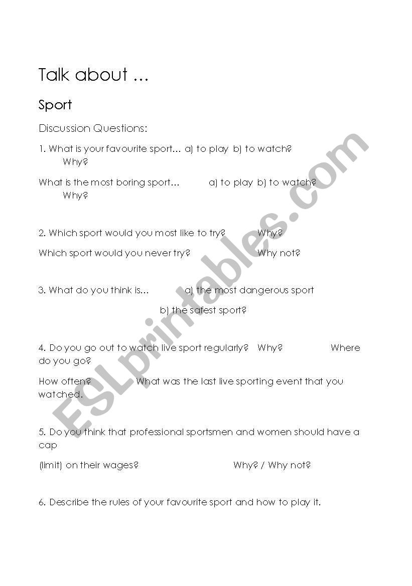 Lets Talk About .... Sport worksheet