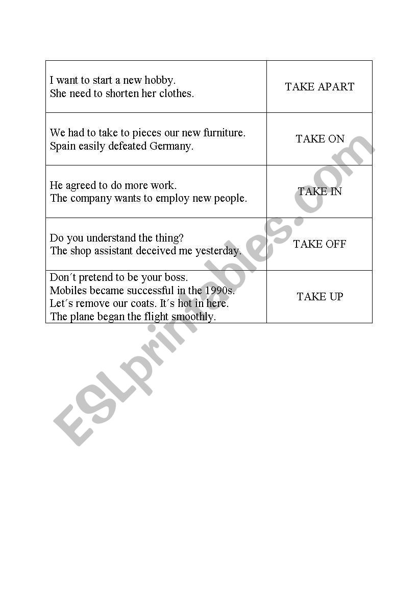 Phrasal verbs with TAKE - Game Domino