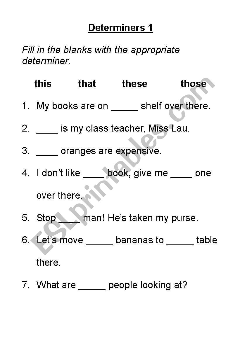 English Worksheets Determiners 1