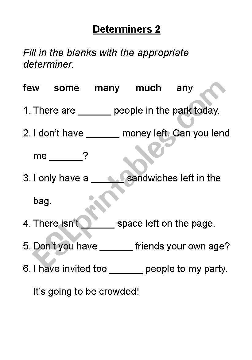 Determiners 2 worksheet