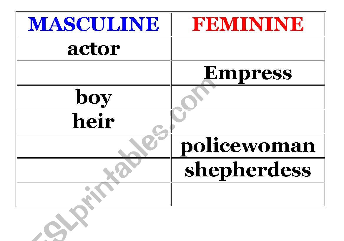 Masculine and Feminie Nouns worksheet