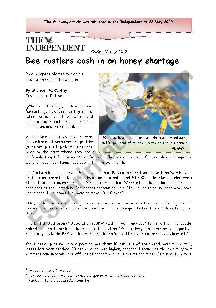 Bee rustlers cash in on honey shortage - Stealing Honey, 2 pages (reading and discussion)