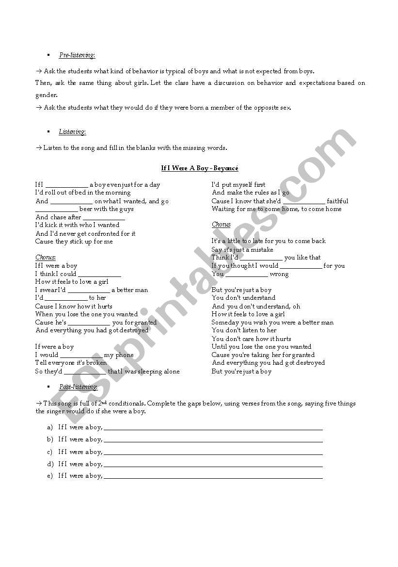 If I Were a Boy worksheet worksheet