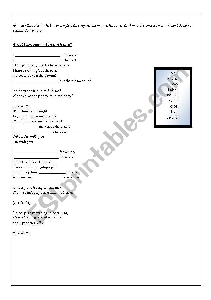 Im with you - Avril Lavigne worksheet