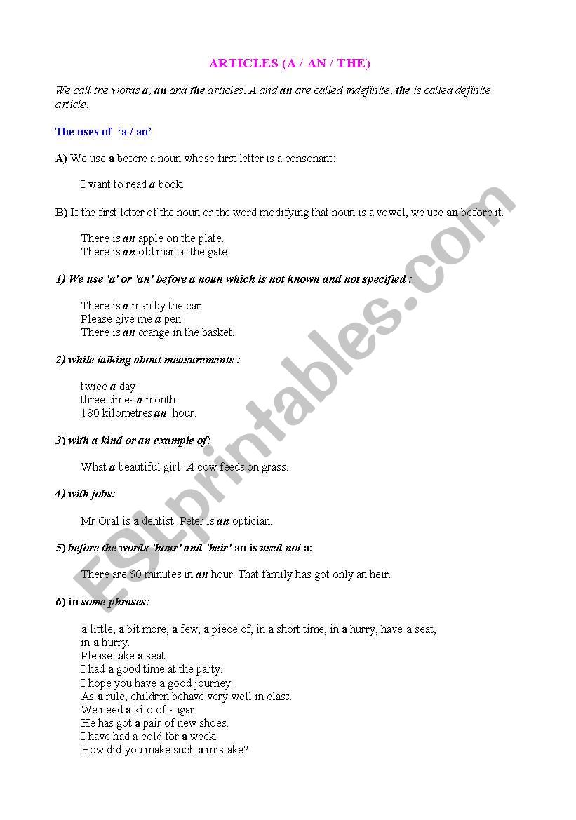 ARTICLES worksheet