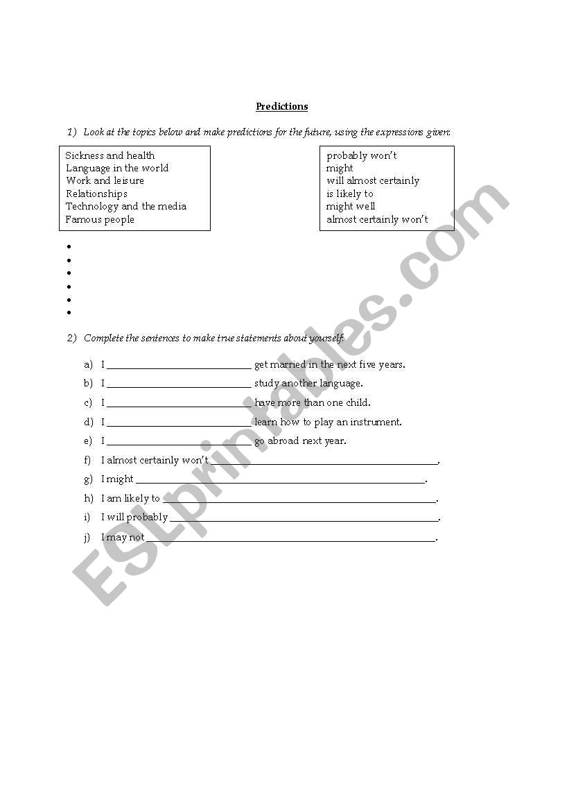 Predictions (modal verbs) worksheet