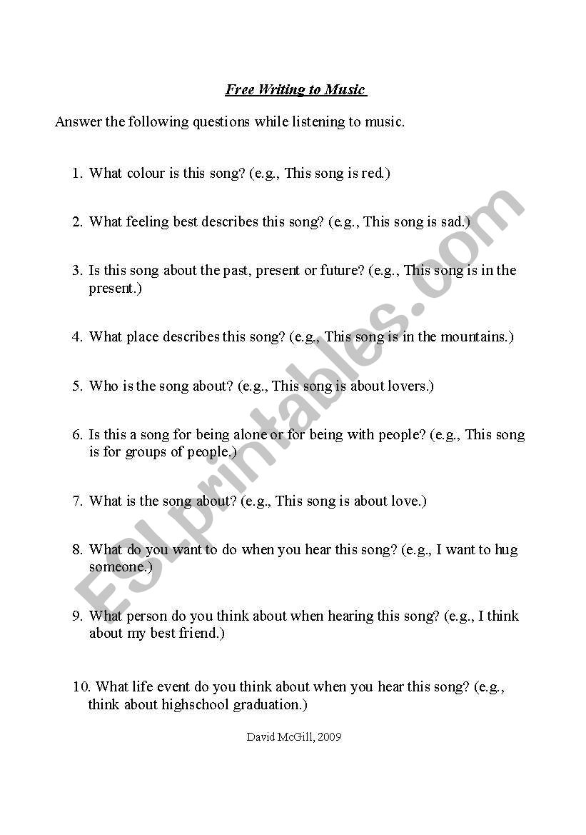 Free Writing to Music worksheet