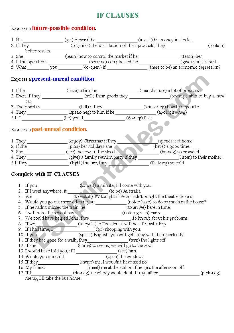 IF CLAUSES ACTIVITIES worksheet