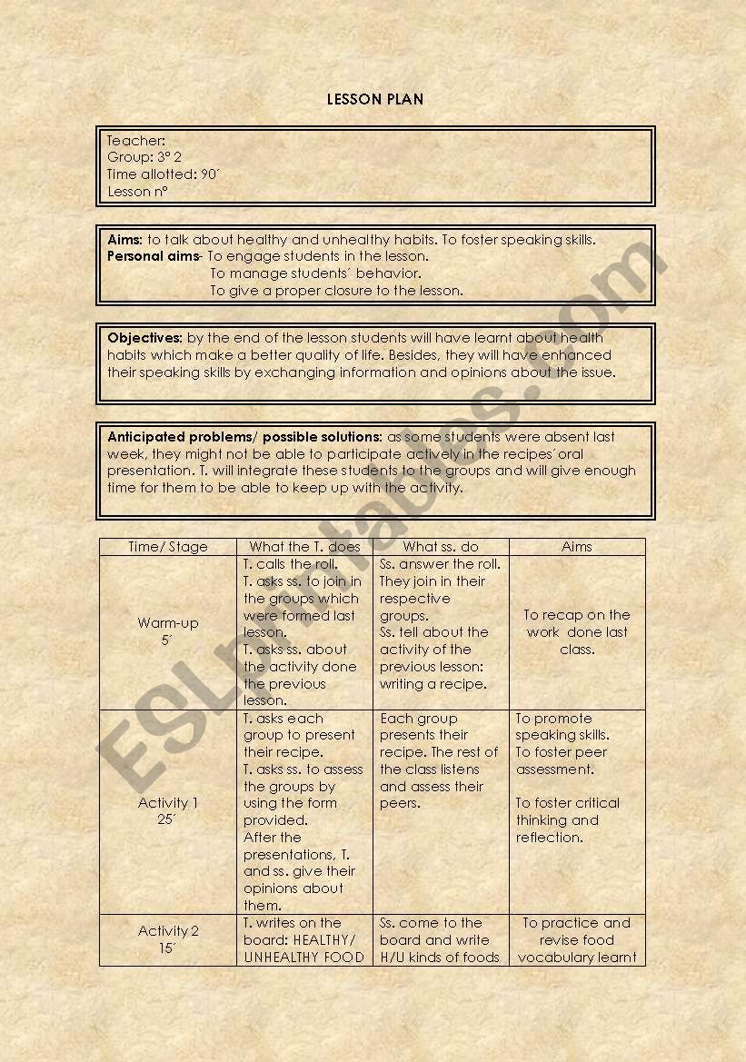 Lesson plan healthy/ unhealthy food habits