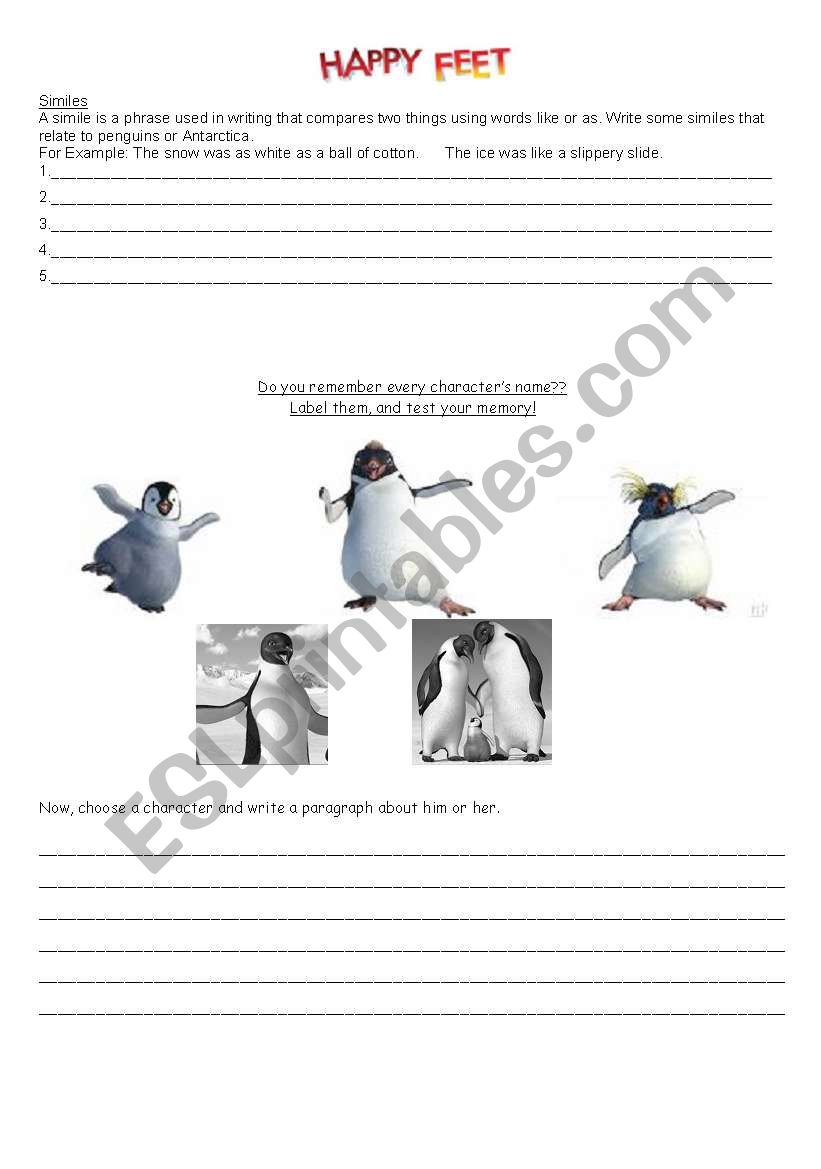 Happy Feet Worksheet & Wordsearch