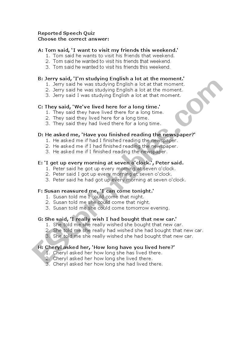 Reported speech worksheet