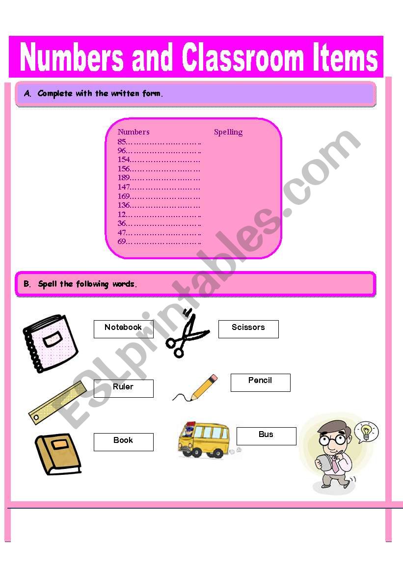 Numbers and Classroom Items worksheet
