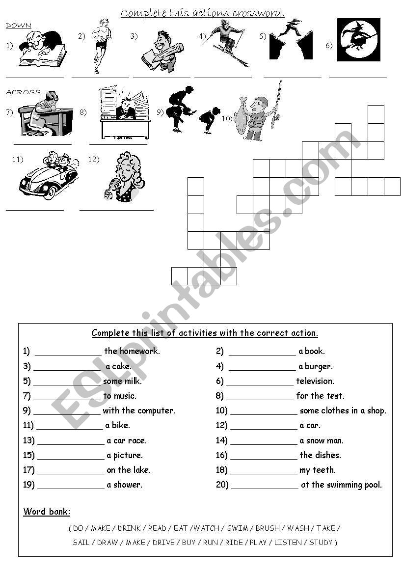 Actions crossword worksheet