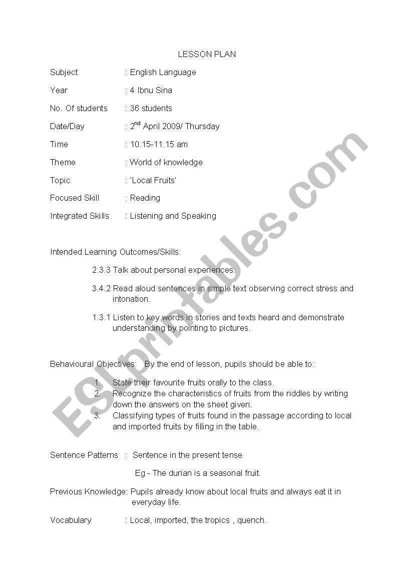 lesson plan-local fruit worksheet