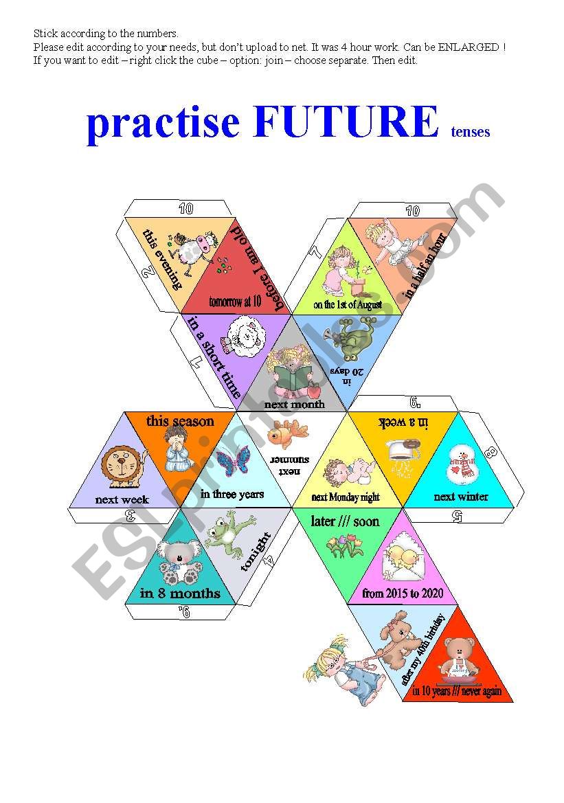 FUTURE DICE - 20 parts + verb cards EDITABLE + BW PRINTER FRIENDLY ((4 PAGES)) - A2-B2 level