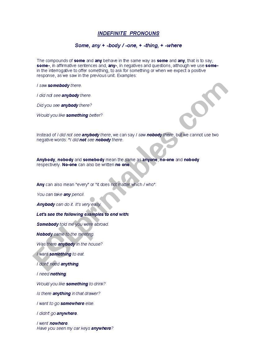 indefinite pronouns worksheet