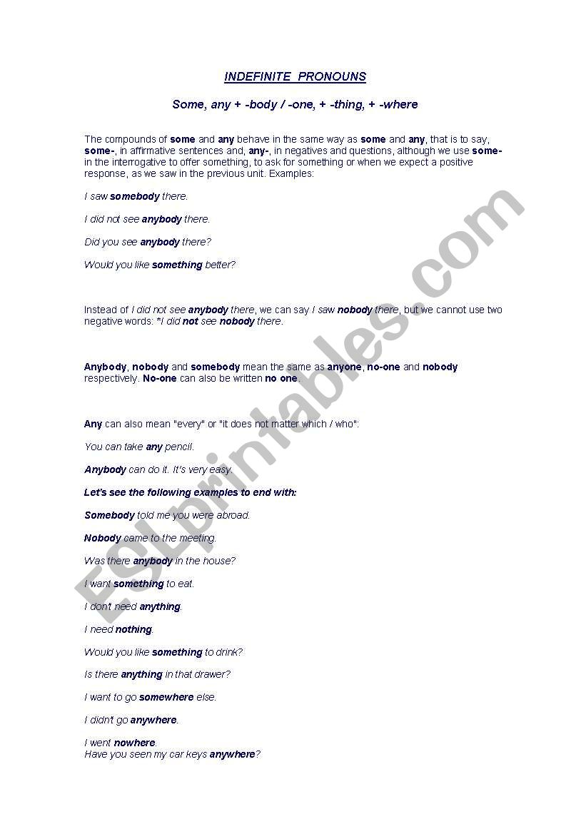 indefinite pronouns worksheet