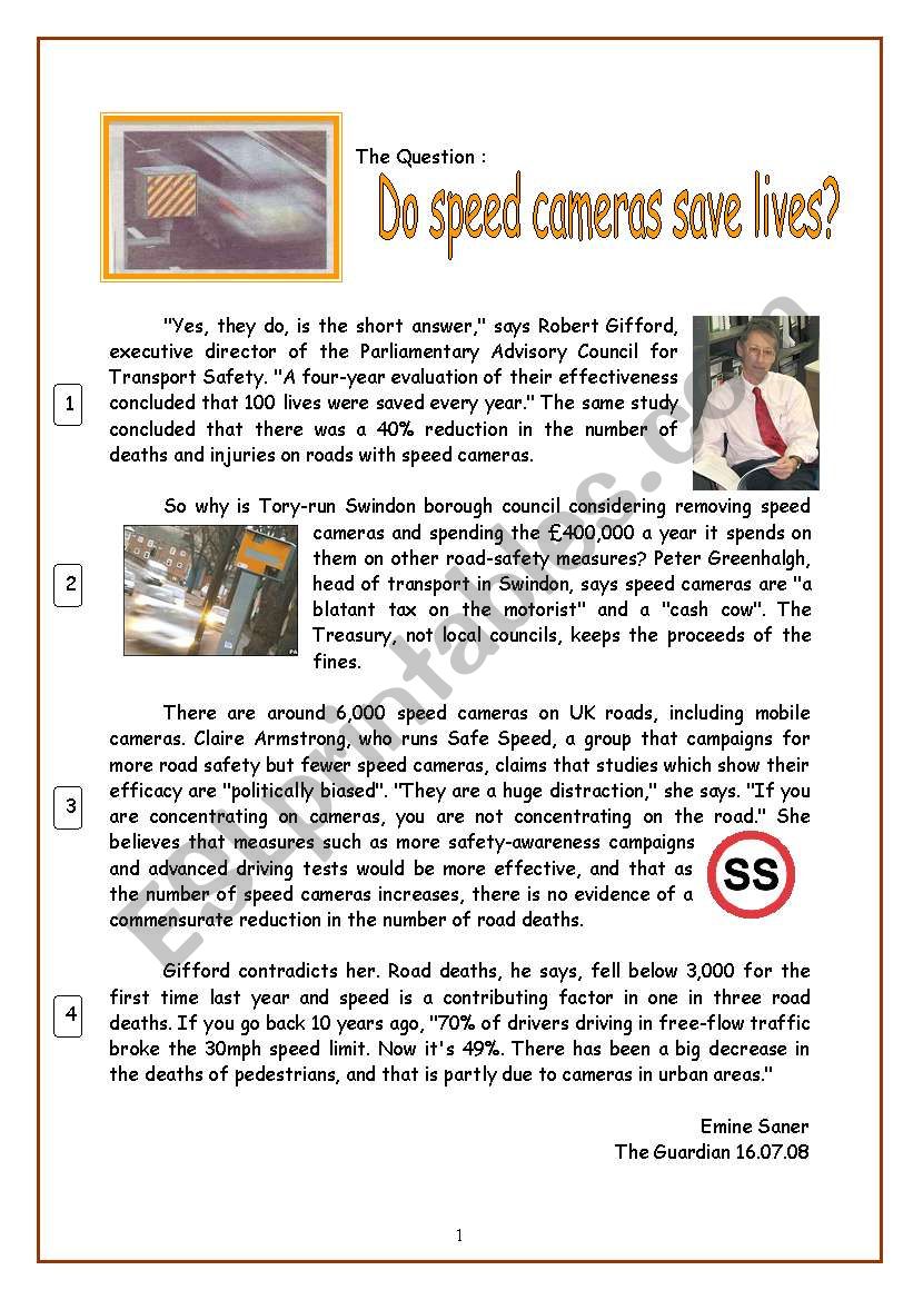 reading comprehension about speed cameras- compound nouns in press article