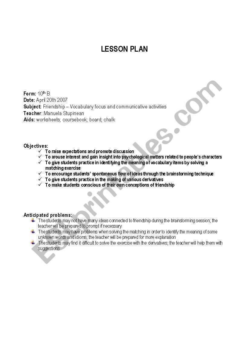 Friendship worksheet