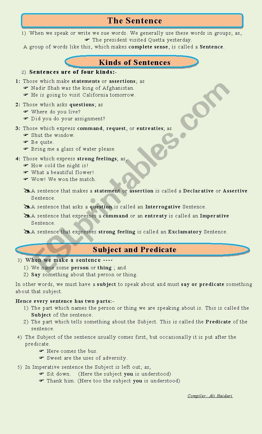 The Sentence, The Subject and The Predicate 