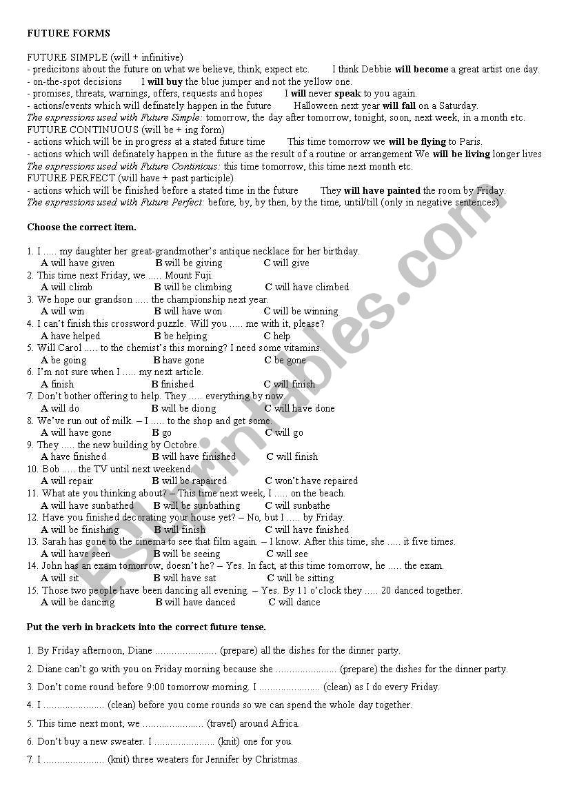 Future tenses worksheet